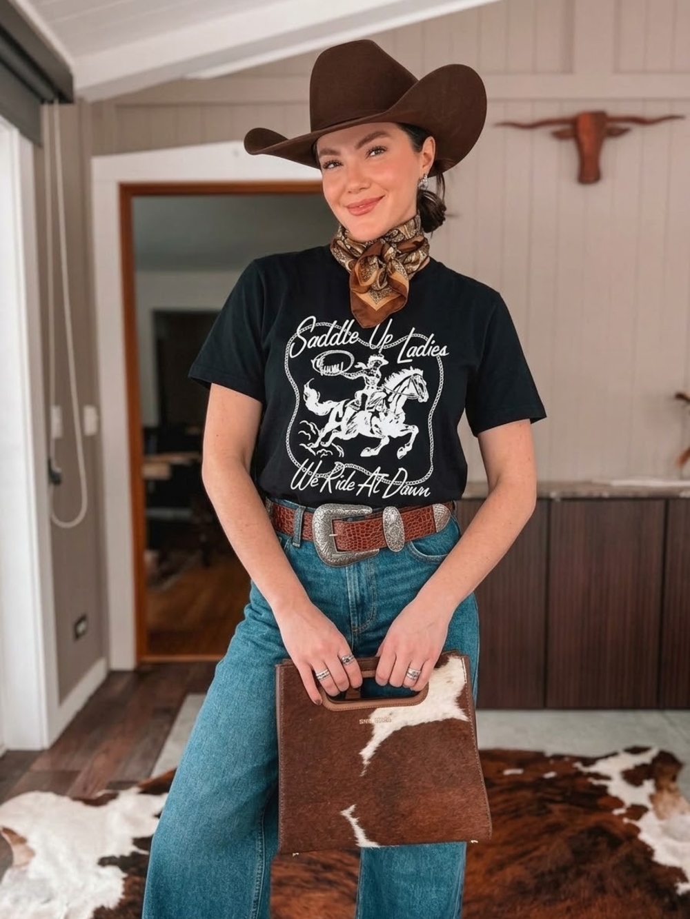 Cowgirl Western Cotton Tee in Black 'Saddle Up Ladies We Ride At Dawn' 2XL